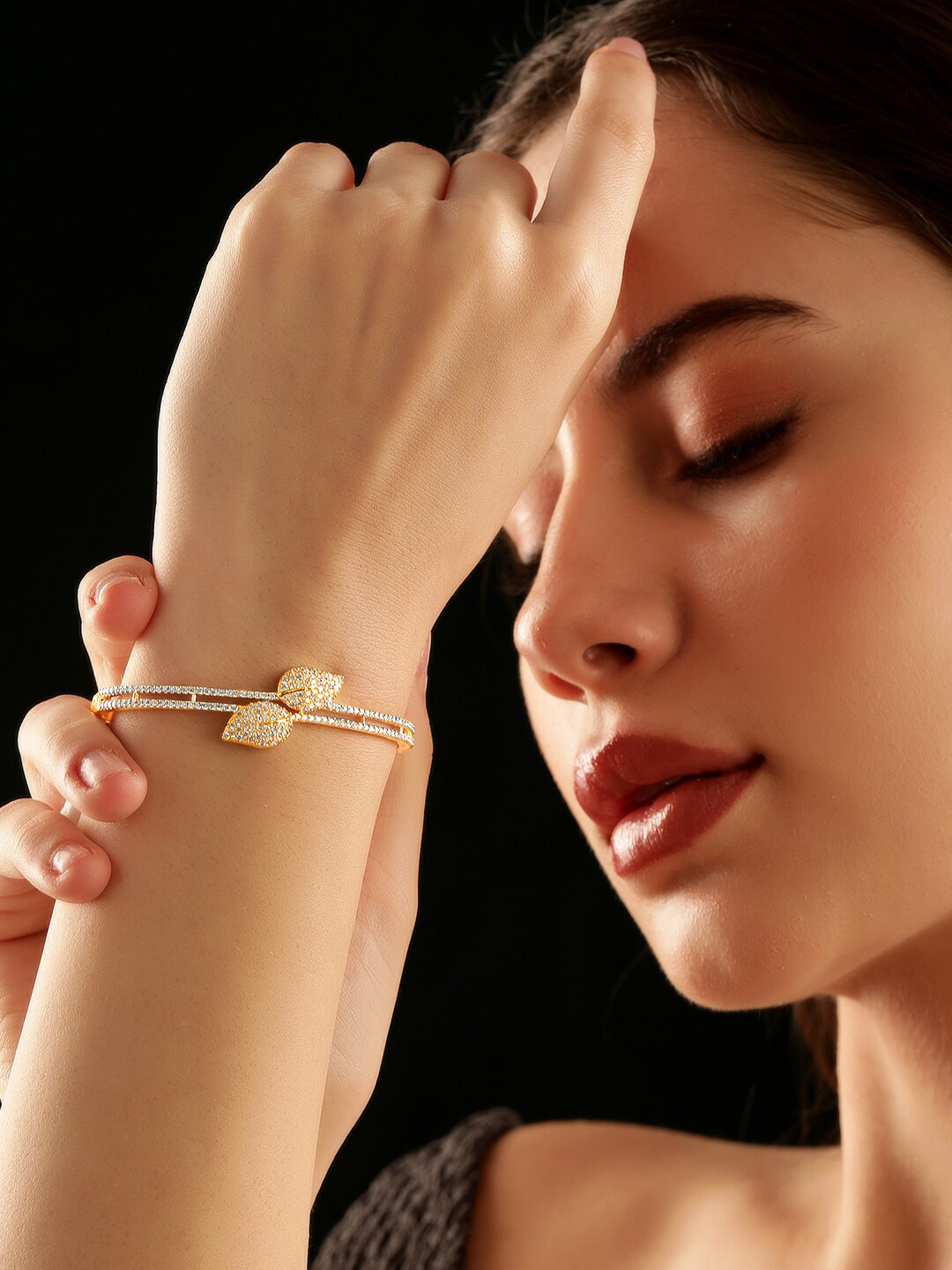 Rubans 18K Gold-Plated Cubic Zirconia Studded Leaf Motif Double Row Bangle-Style Bracelet