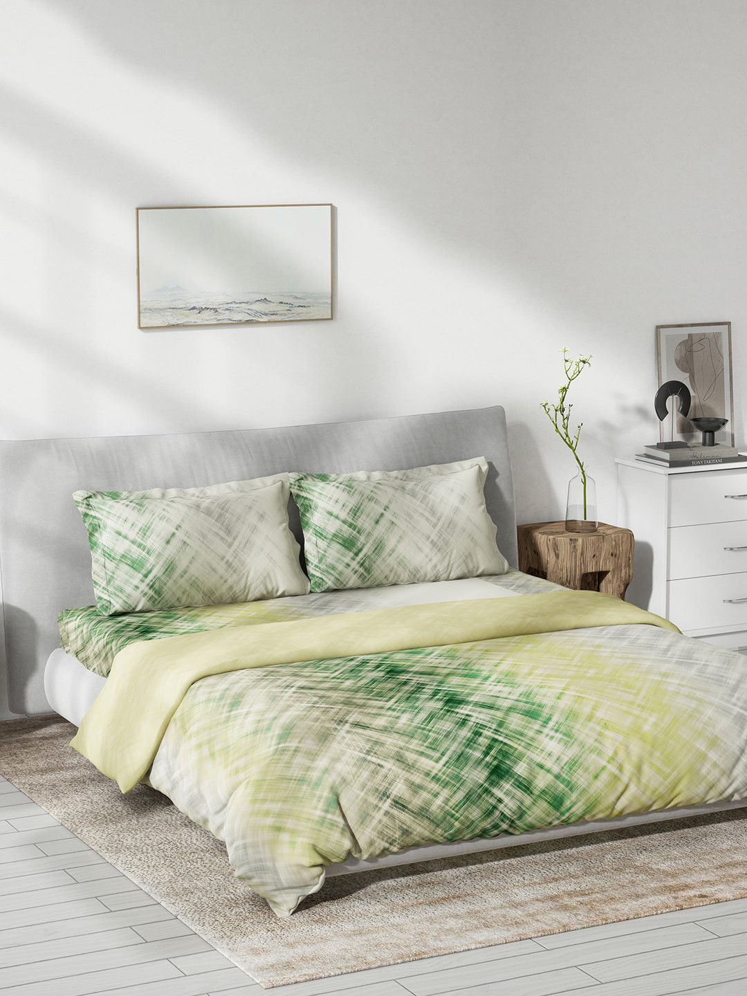 DDecor Live Beautiful Green & Yellow Printed Pure Cotton Double Queen Bedding Set