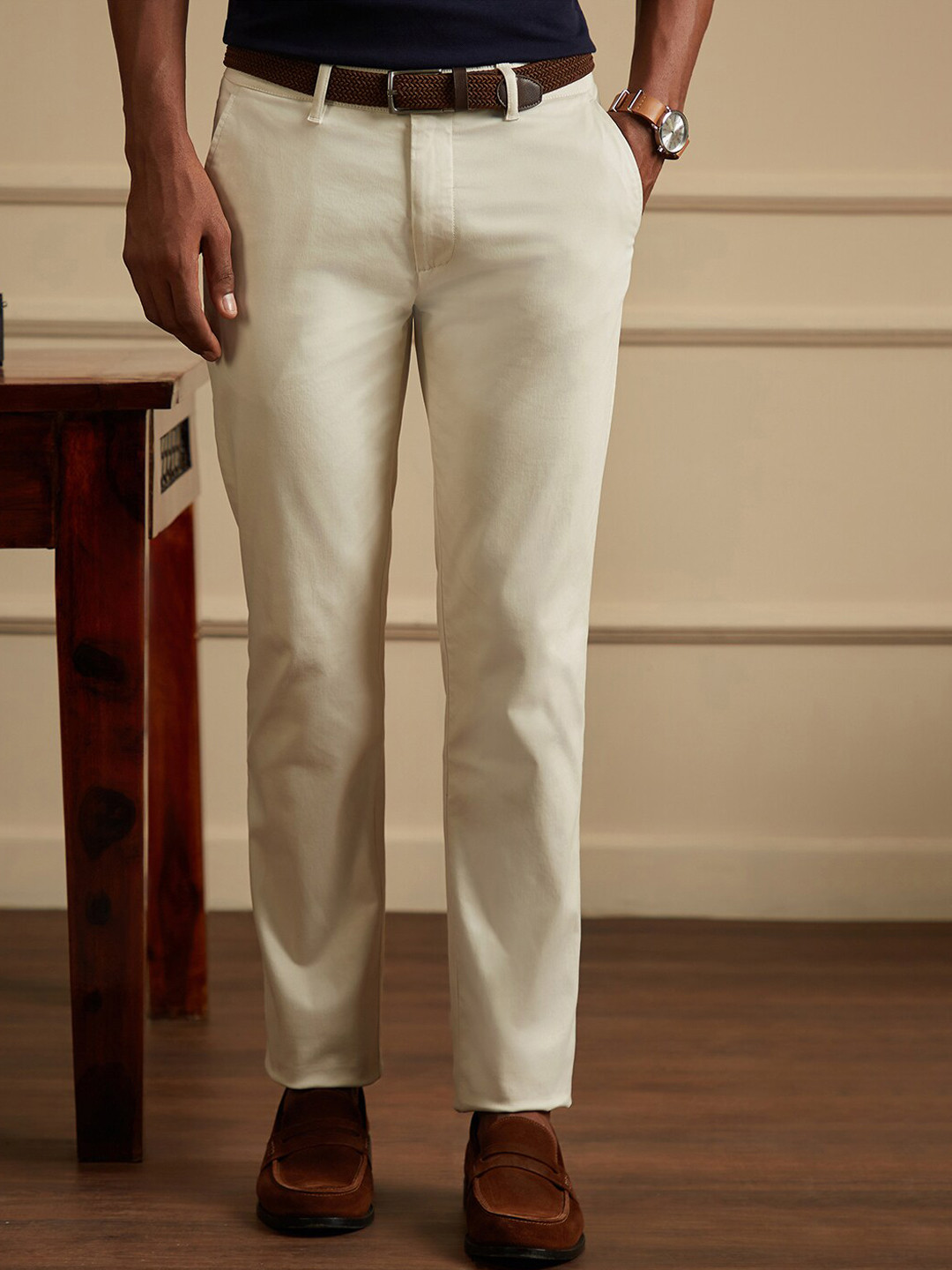 Peter England Casuals Men Cream Slim Fit Cricket Inspired Trousers