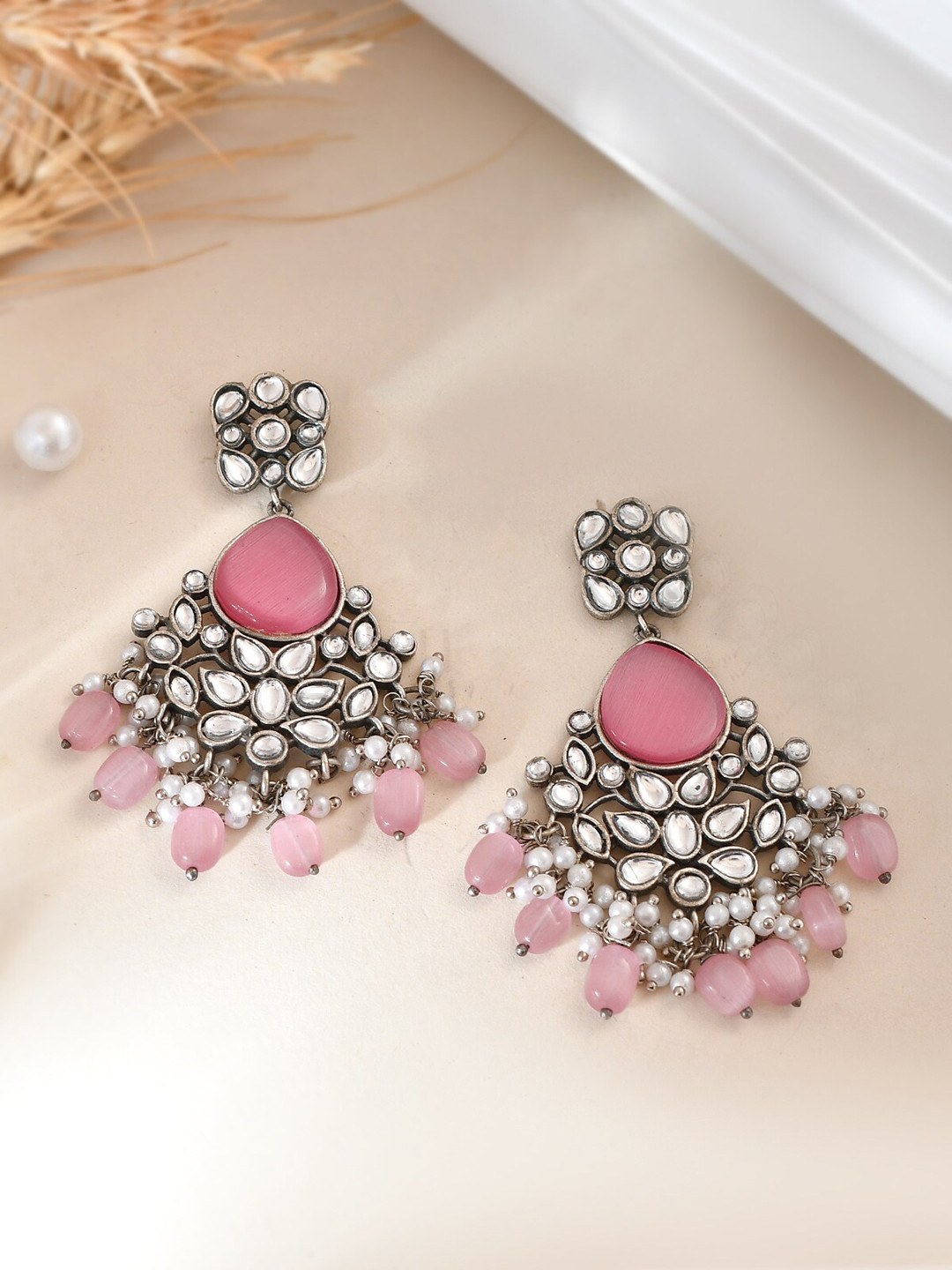 AQUASTREET Silver-Plated Pink Kundan Studded Drop Earrings