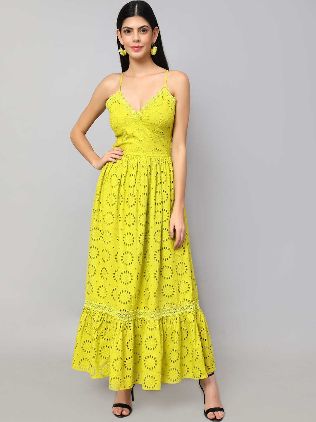 Amagyaa Self Design Shoulder Straps Gathered Schiffli Cotton Maxi Dress