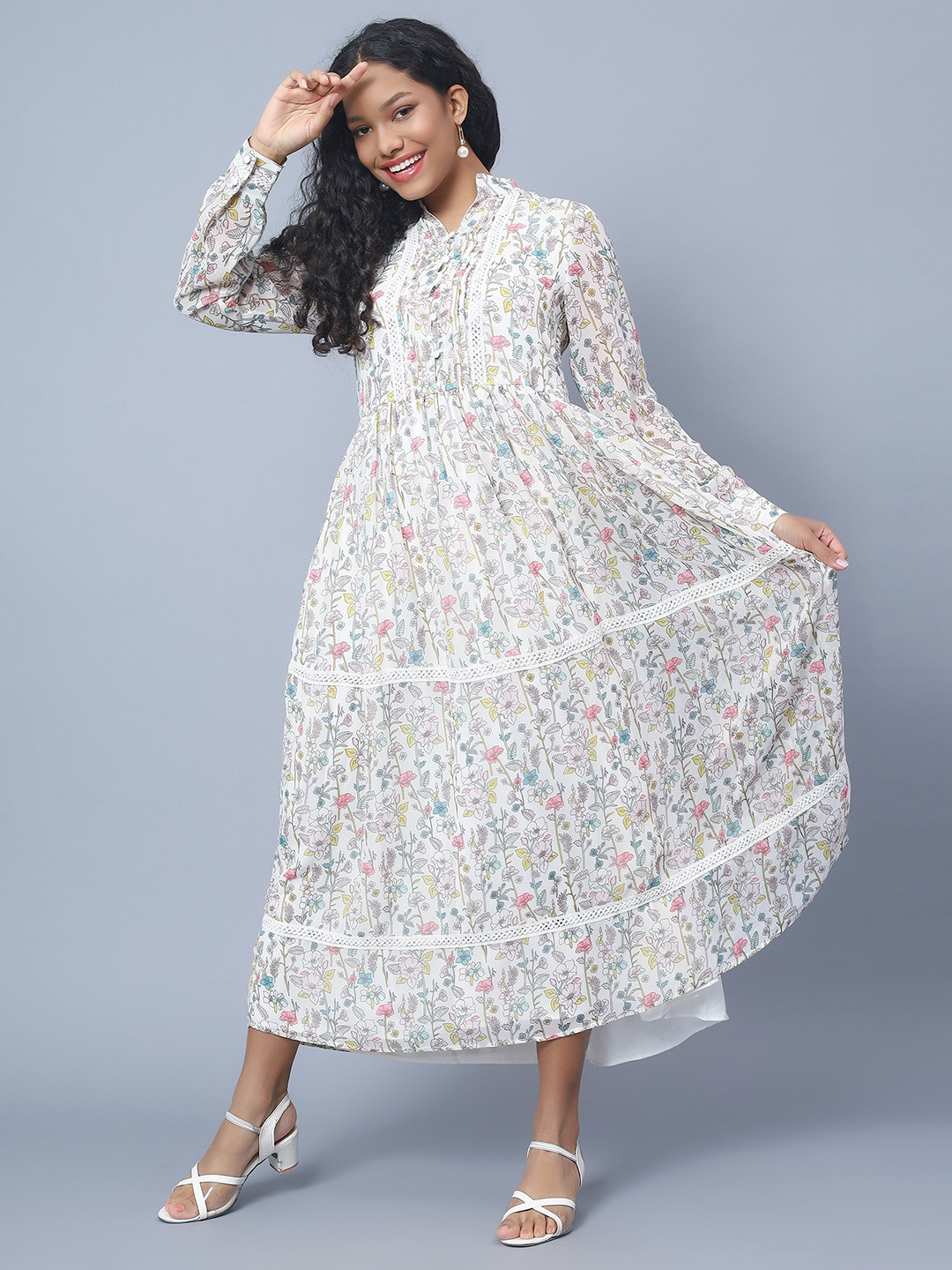 Amagyaa Floral Printed Mandarin Collar Lace Inserts Tiered A-Line Maxi Dress