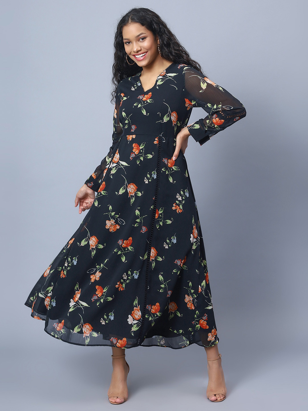 Amagyaa Floral Printed V-Neck Long Sleeves Lace Inserts Maxi Dress