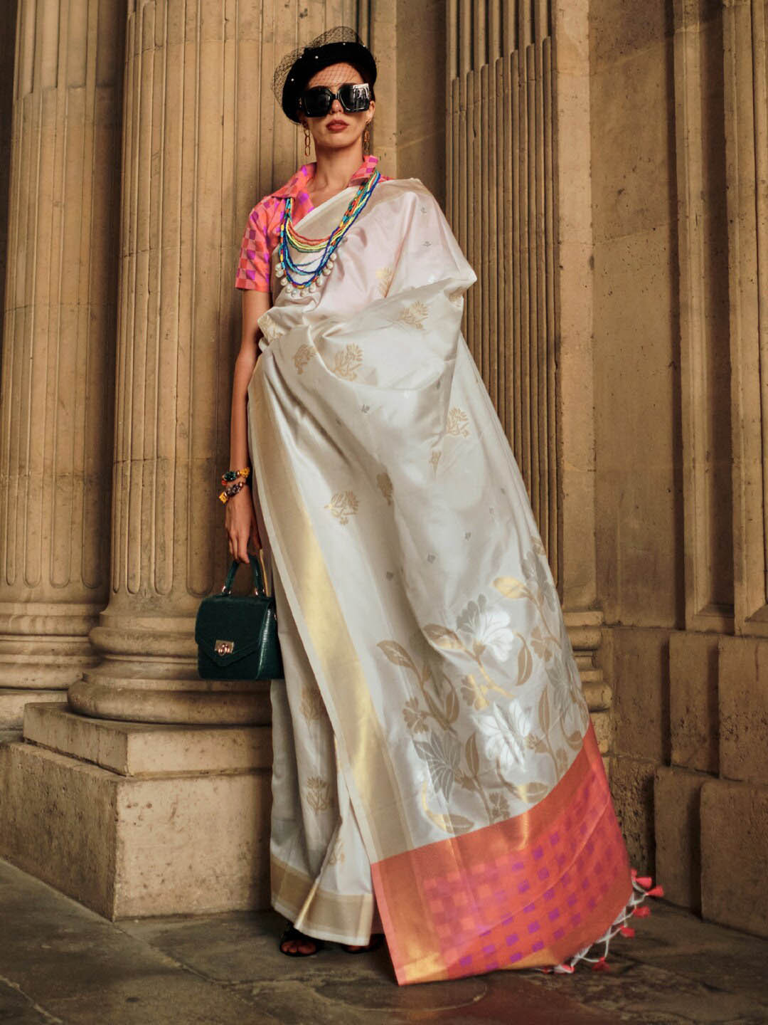 Mitera Off White Pink Floral Woven Design Zari Silk Banarasi Saree