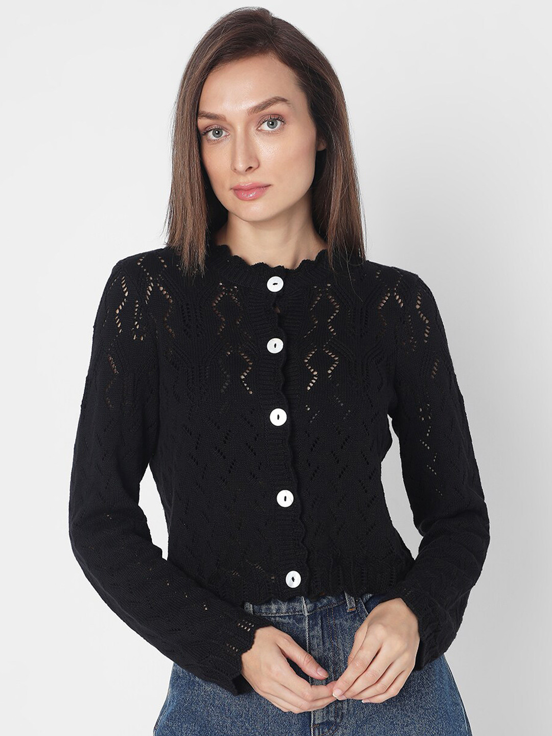 Vero Moda Self Design Open Knit High Neck Long Sleeve Cotton Cardigan Sweater