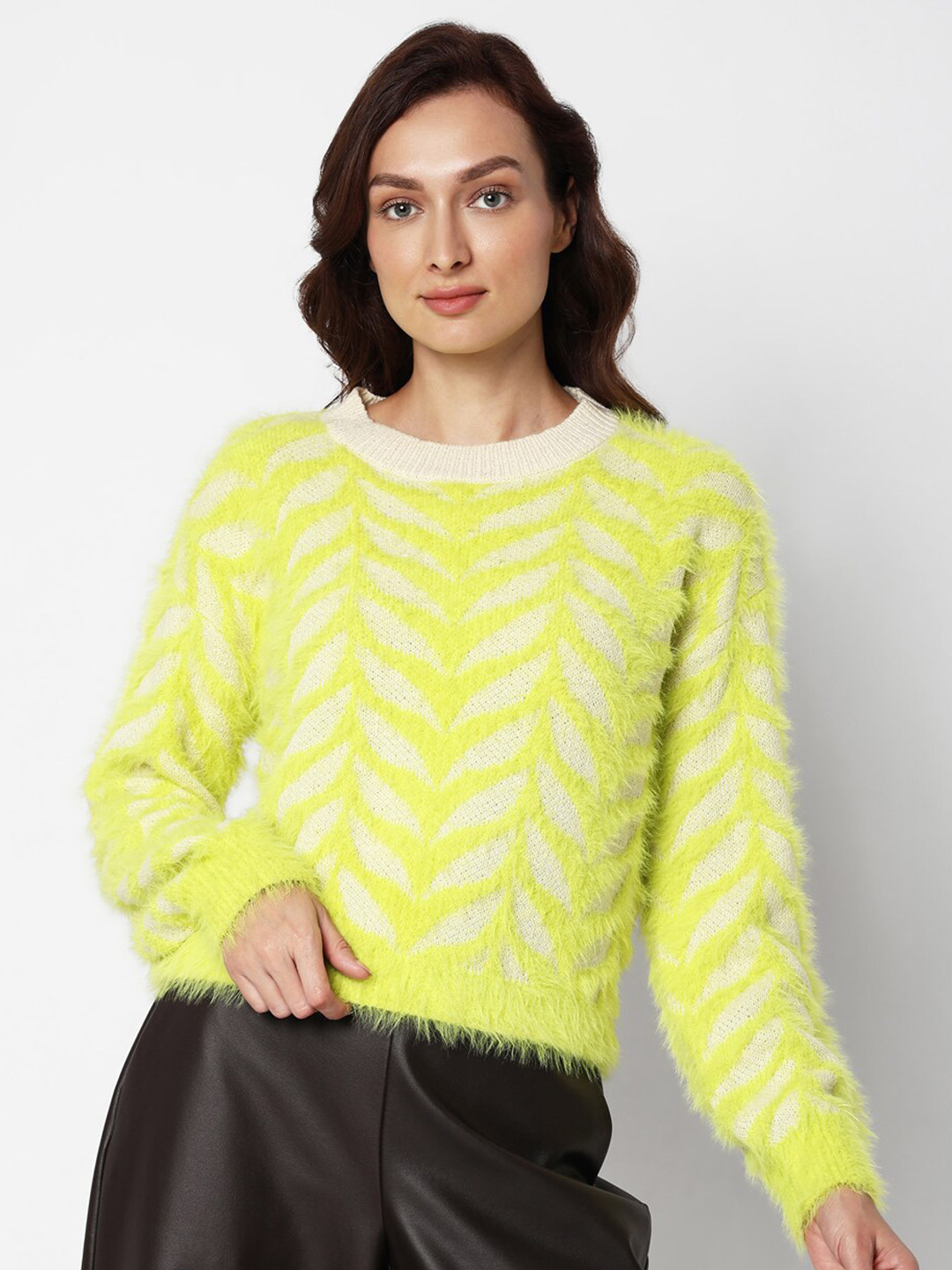 Vero Moda Self Design Pullover Sweater with Fuzzy Detail
