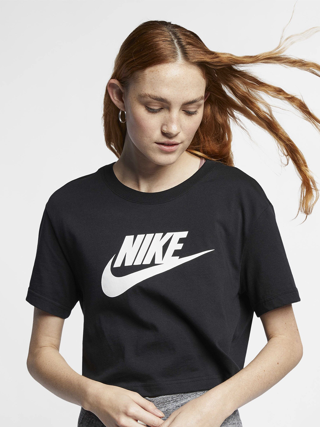 Nike Sportswear Essential Brand Logo Printed Relaxed Fit Pure Cotton Cropped T-Shirt