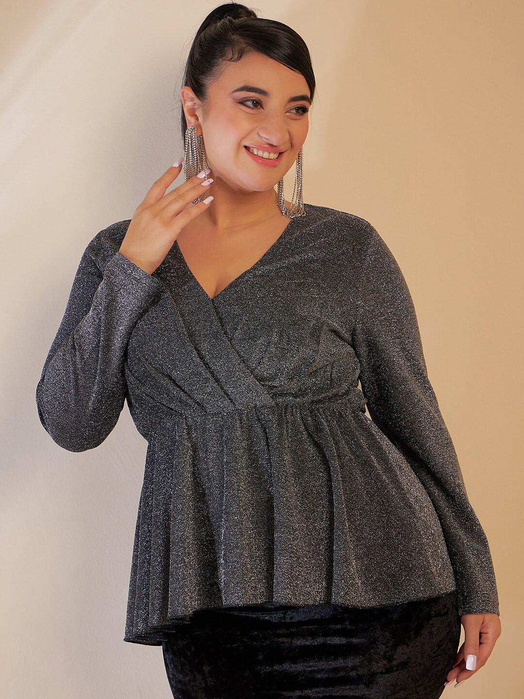 CURVE BY KASSUALLY Sparkle Foil Knitted Black V- Neck Party Wrap Top