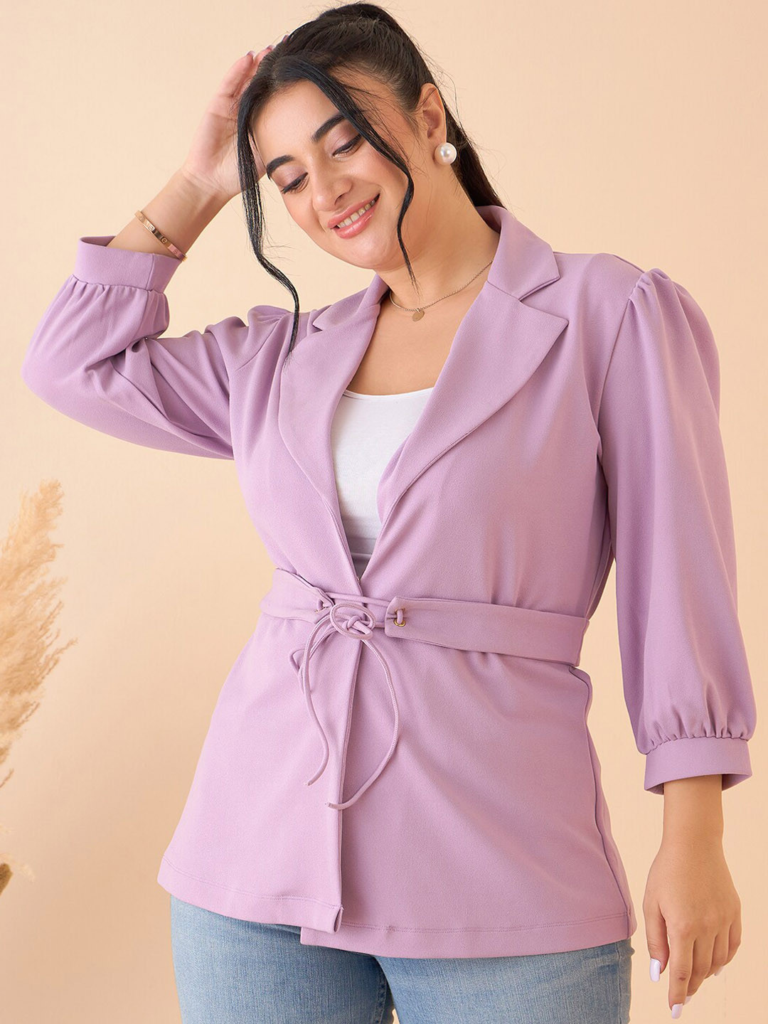 CURVE BY KASSUALLY Lavender-Coloured Plus Size Notched Lapel Collar Belted Casual Blazer