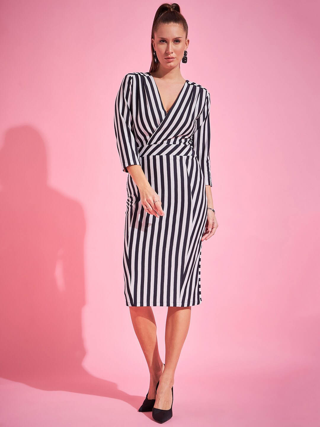 Purple Feather Striped V-Neck Sheath Midi Dress