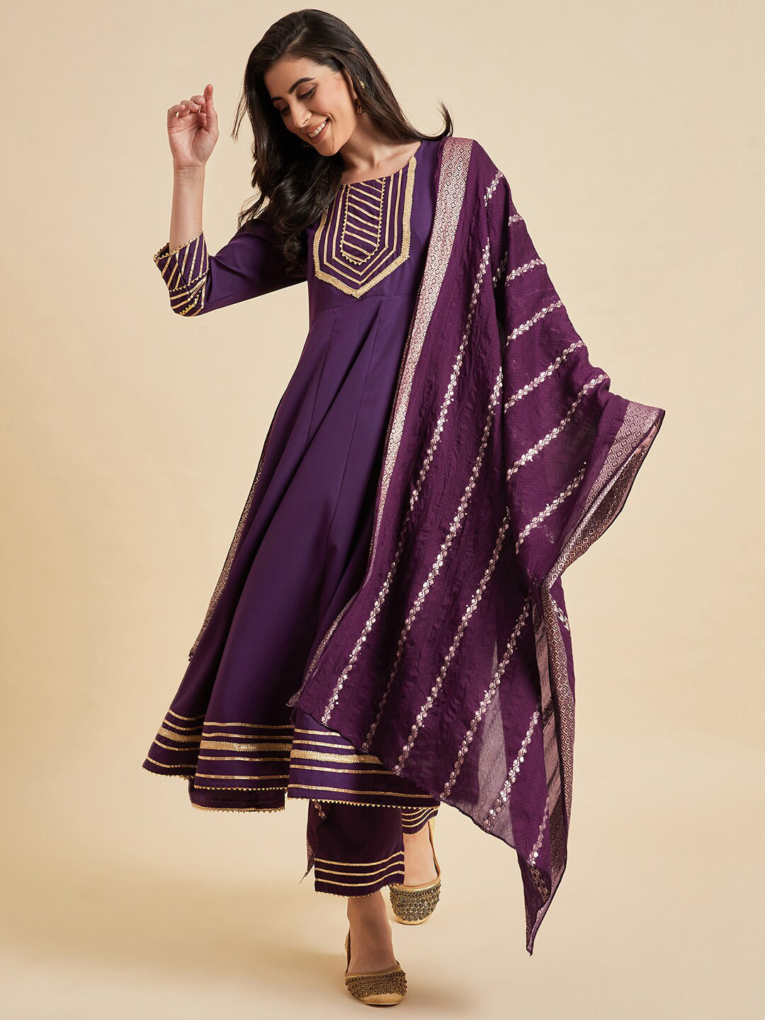 Azira Geometric Yoke Design A-Line Gotta Patti Kurta With Palazzos & Dupatta