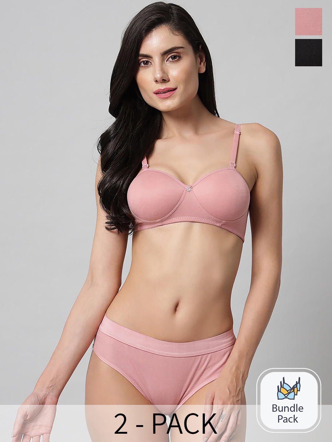 PIBU Pack Of 2 Cotton Lingerie Set PE_Demi set_Black,Pink_30