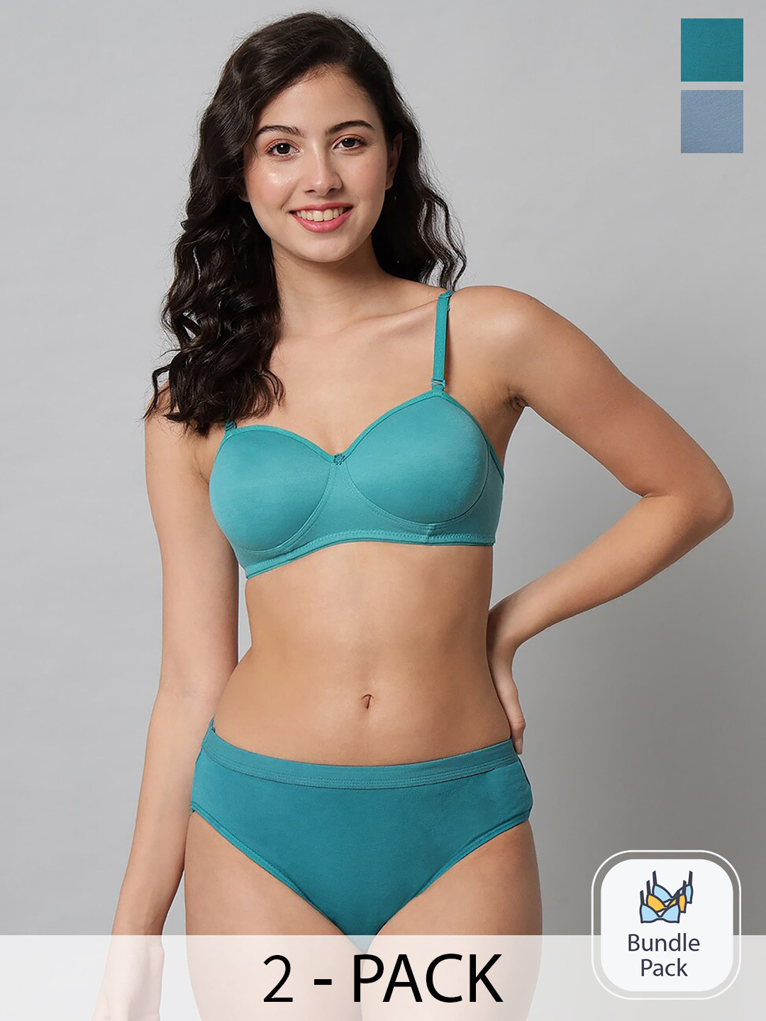 PIBU Pack Of 2 Cotton Lingerie Set PE_Demi set_Green,Blue_30