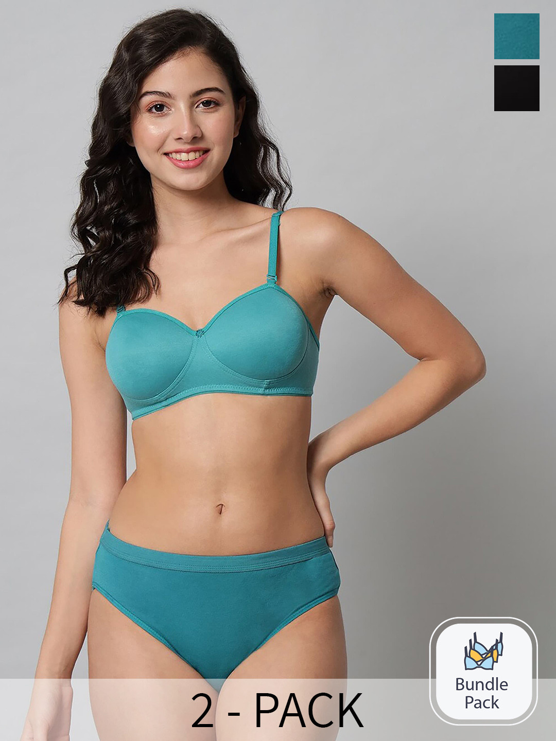 PIBU Pack Of 2 Cotton Lingerie Set PE_Demi set_Black,Green_30