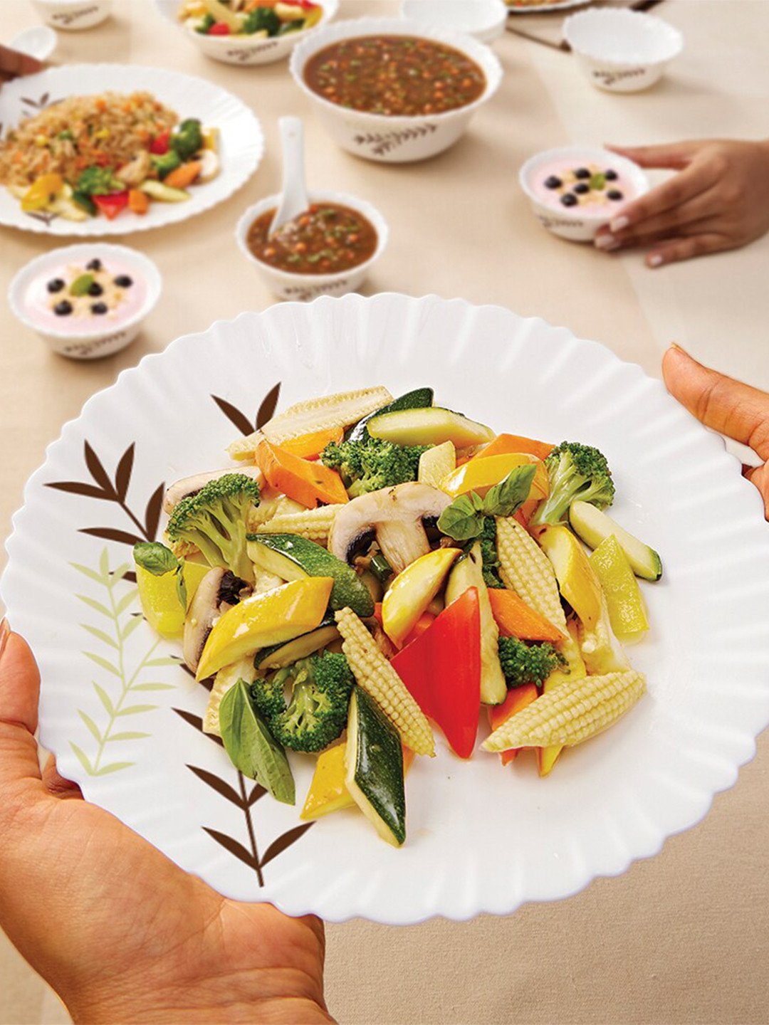 Larah by BOROSIL Fluted Oak White Leaf Opalware Microwave Safe 19 Piece Dinner Set