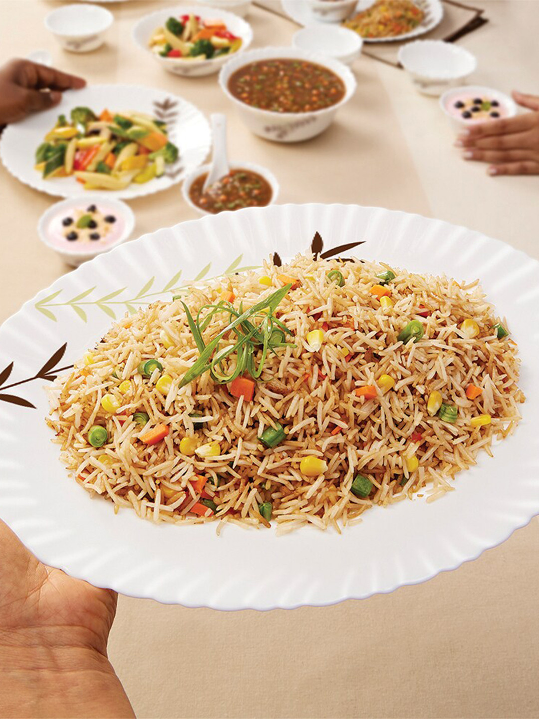 Larah by BOROSIL Fluted Oak White Leaf Opalware Microwave Safe 63 Piece Dinner Set