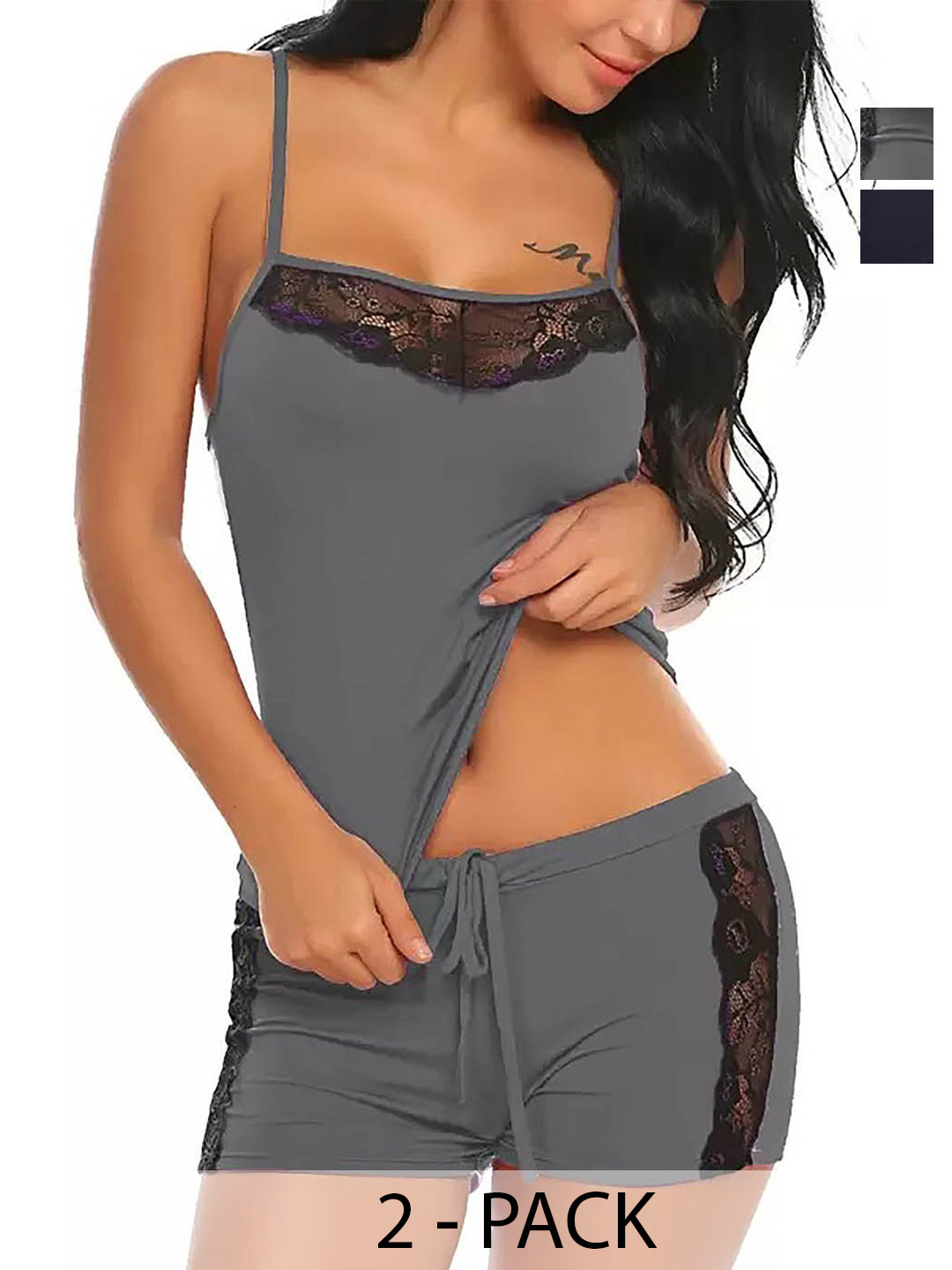 AROUSY Pack Of 2 Self Design Shoulder Straps Net Camisole With Boy Shorts