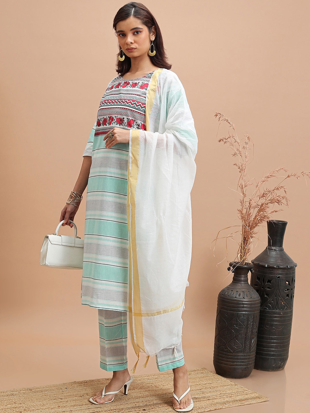 Vishudh Striped Pure Cotton Kurta With Trousers & Dupatta