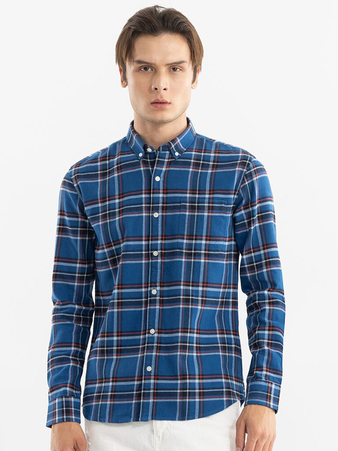 Snitch Blue Classic Slim Fit Checked Button-Down Collar Cotton Casual Shirt
