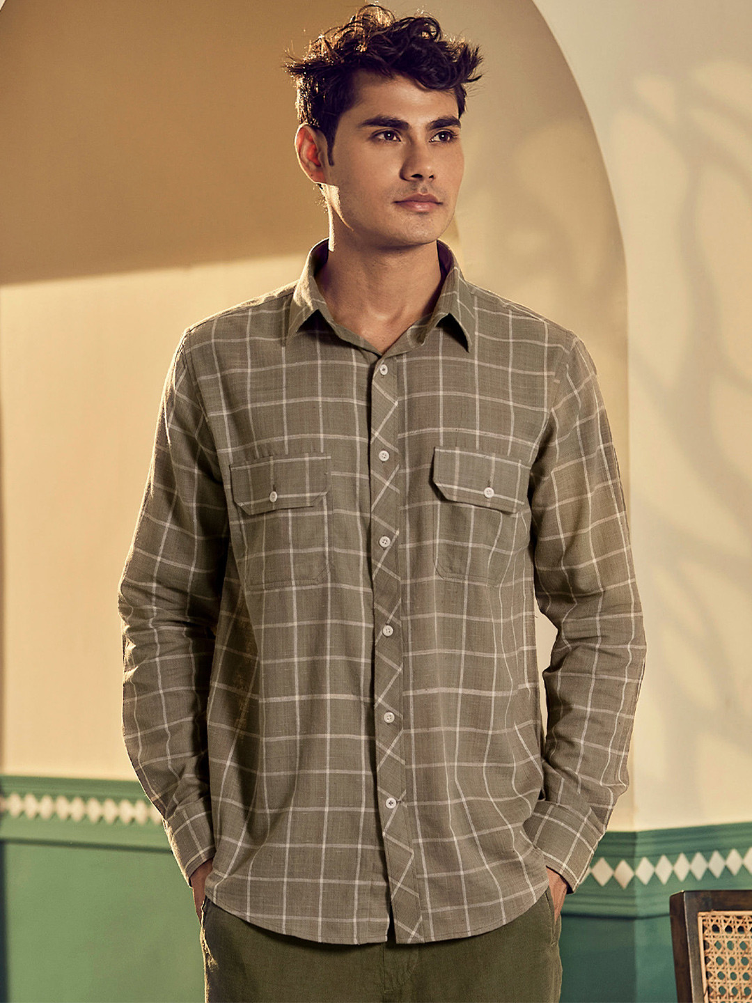 Earthpiece Comfort Windowpane Checked Spread Collar Pure Cotton Casual Shirt