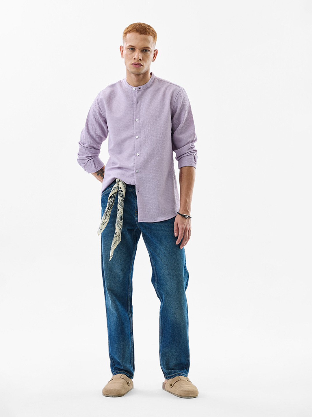 Snitch Purple Classic Self Design Textured Band Collar Cotton Casual Shirt