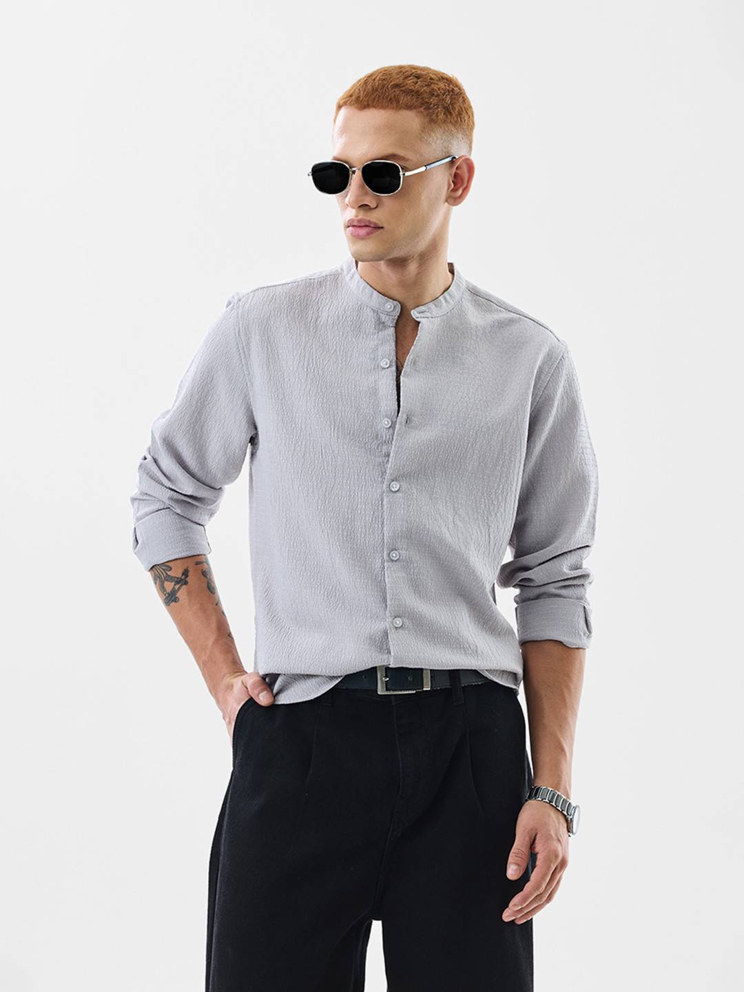 Snitch Grey Classic Band Collar Cotton Casual Shirt