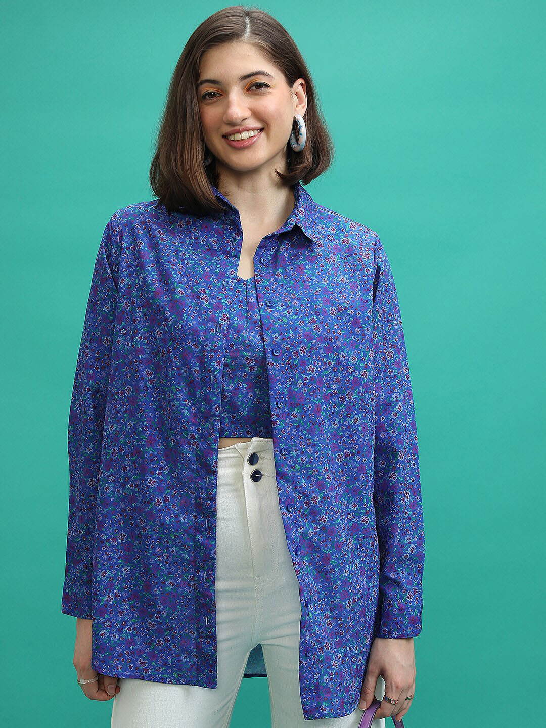 Tokyo Talkies Blue Floral Printed Fitted Crop Top with Shirt
