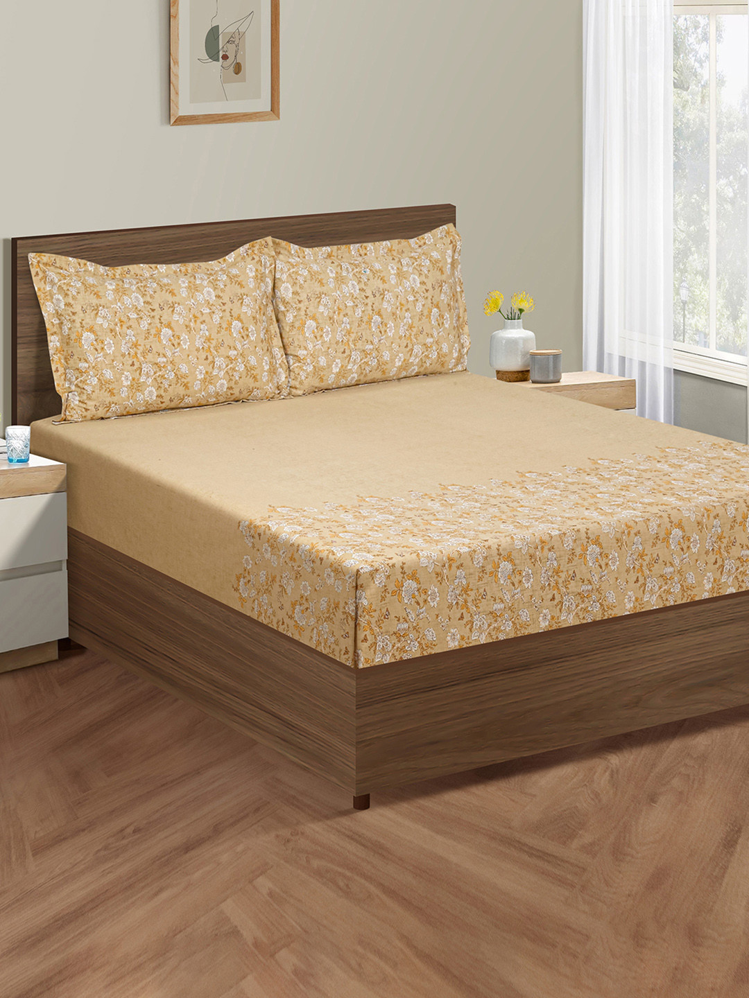 SWAYAM Yellow Floral Cotton 160 TC King Bedsheet with 2 Pillow Covers-72 x 78 inches