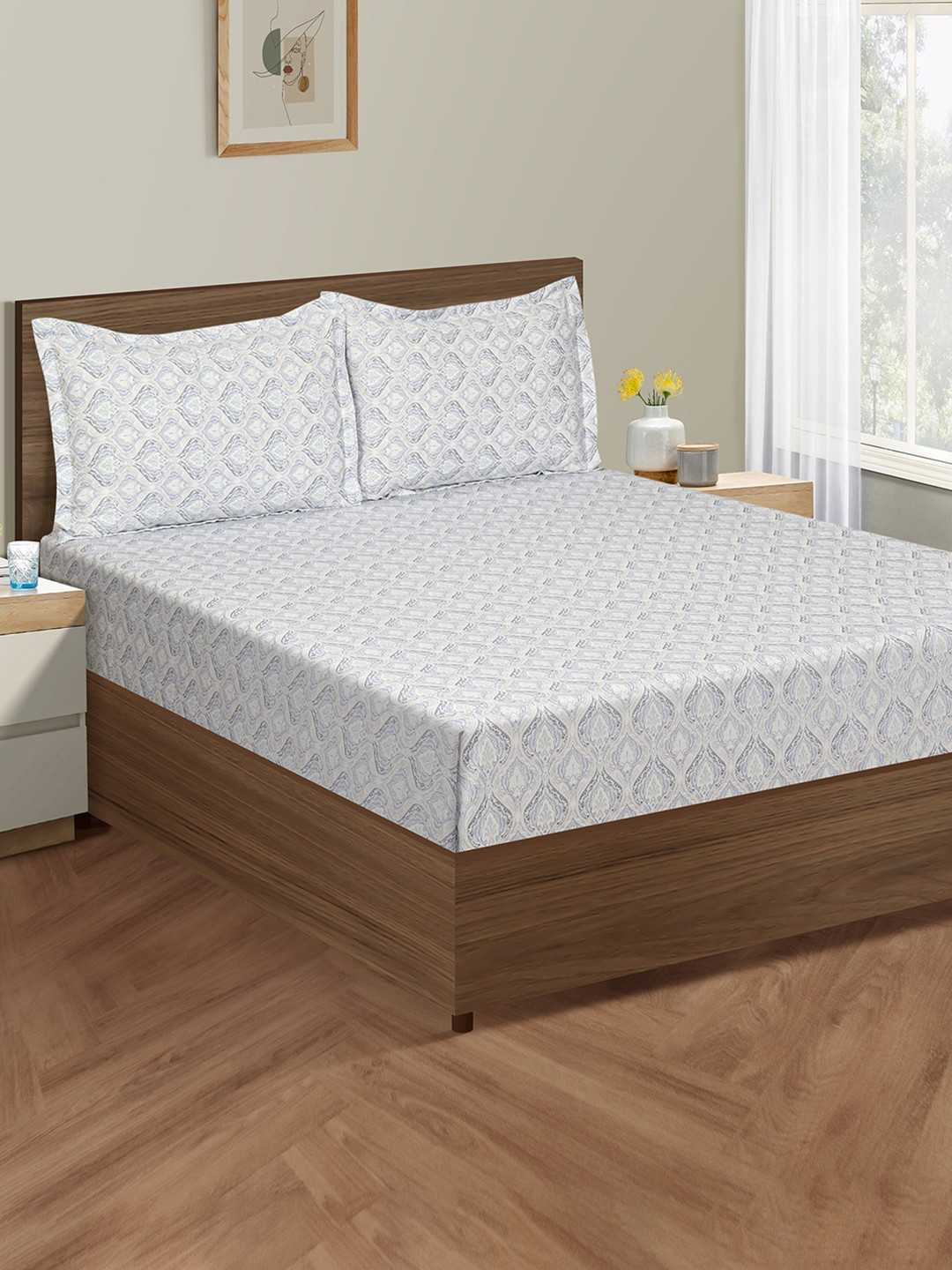 SWAYAM White Ethnic Motifs Cotton 250 TC Fitted King Fine Bedsheet with 2 Pillow Covers-74 x 78 inches