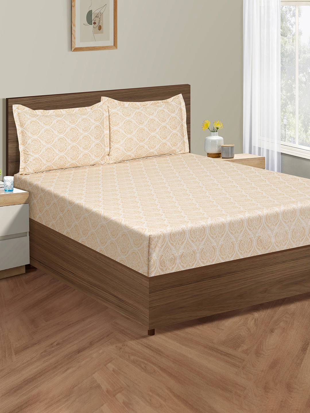 SWAYAM Lounge Beige Ethnic Motifs Cotton 210 TC King Fine Bedsheet with 2 Pillow Covers-228.6 x 259.08 cm