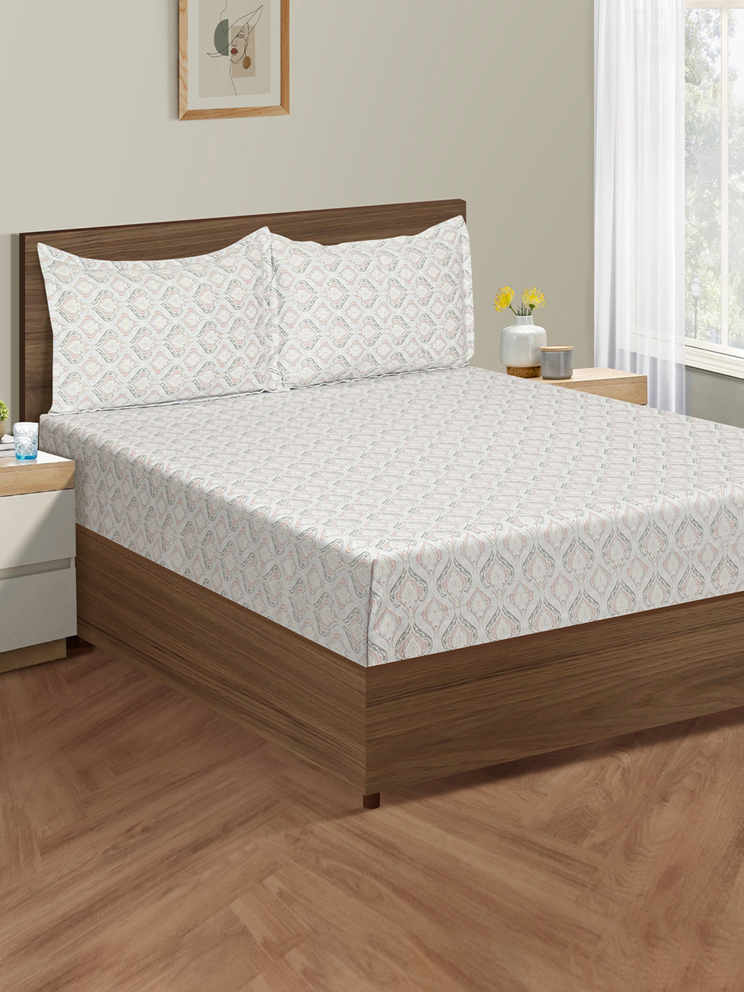 SWAYAM Zinnia White Ethnic Motifs Pure Cotton 250 TC King Fine Bedsheet with 2 Pillow Covers-274.32 x 274.32 cm