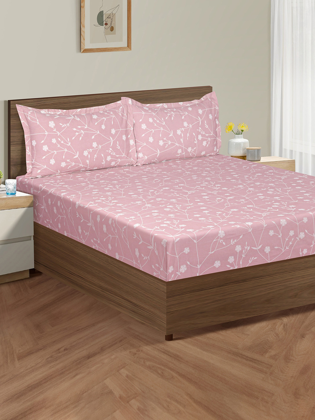 SWAYAM Book Fold Pink Floral Cotton 210 TC King Fine Bedsheet with 2 Pillow Covers-108 x 108 inches