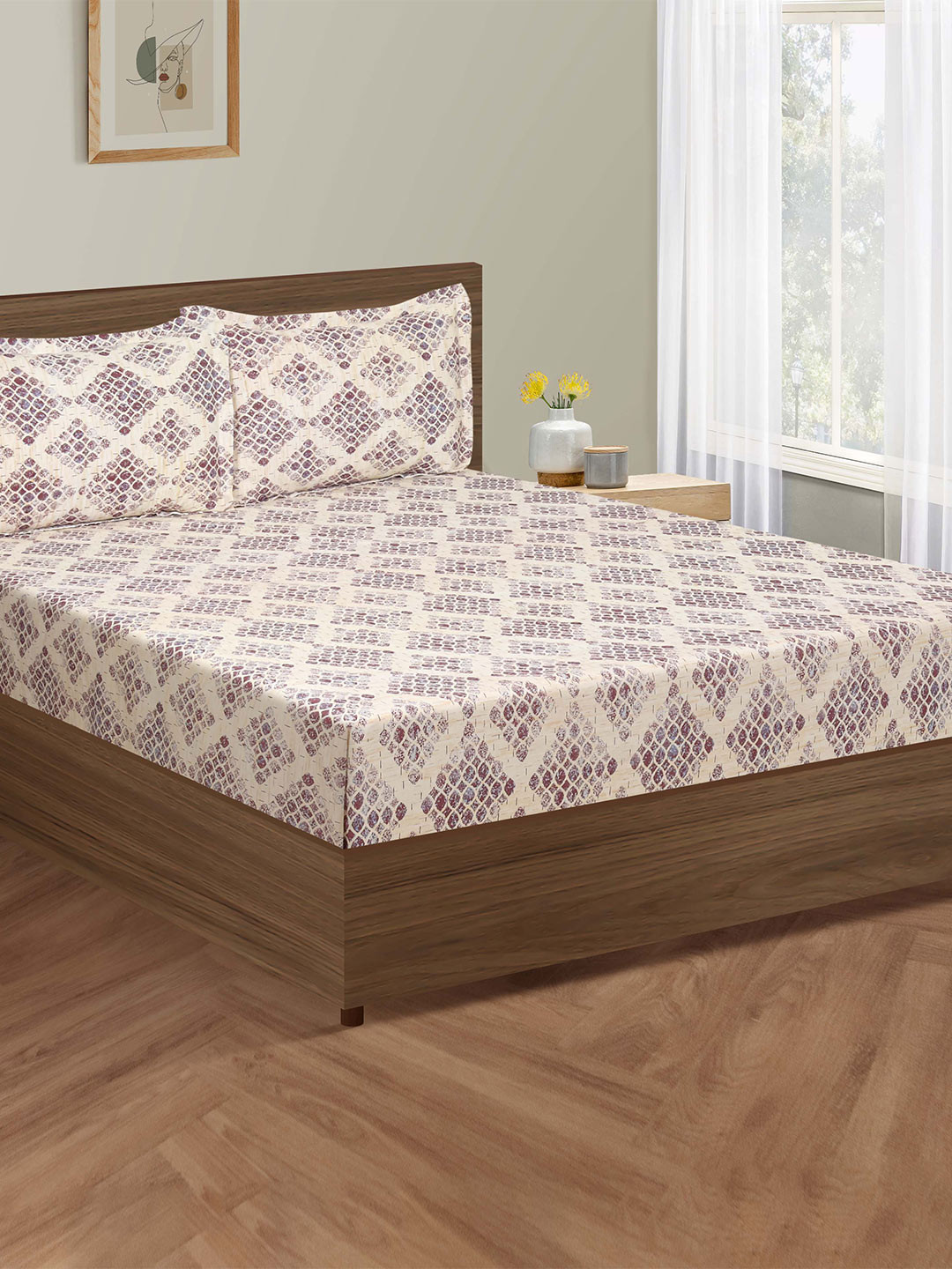 SWAYAM Veda Purple Abstract Cotton 160 TC King Bedsheet with 2 Pillow Covers-108 x 108 inches