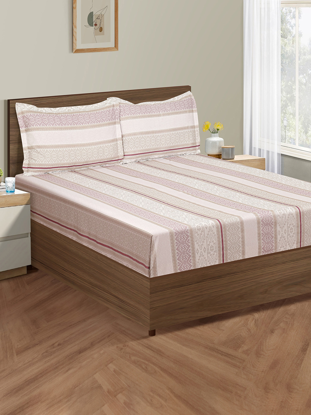 SWAYAM Ananda Pink Geometric Cotton 210 TC King Fine Bedsheet with 2 Pillow Covers-90 x 102 inches