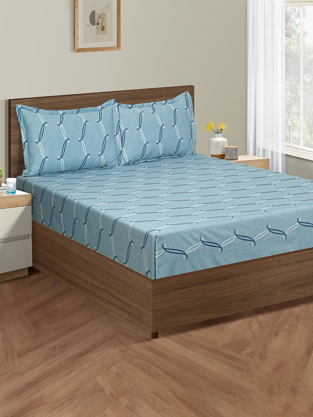 SWAYAM Blue Abstract Cotton 250 TC Fitted King Fine Bedsheet with 2 Pillow Covers-182 x 198 cm