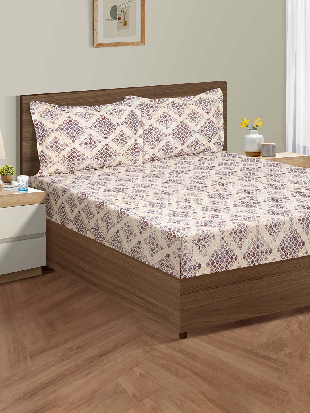 SWAYAM Veda Purple Geometric Cotton 160 TC King Bedsheet with 2 Pillow Covers-59 x 87 inches