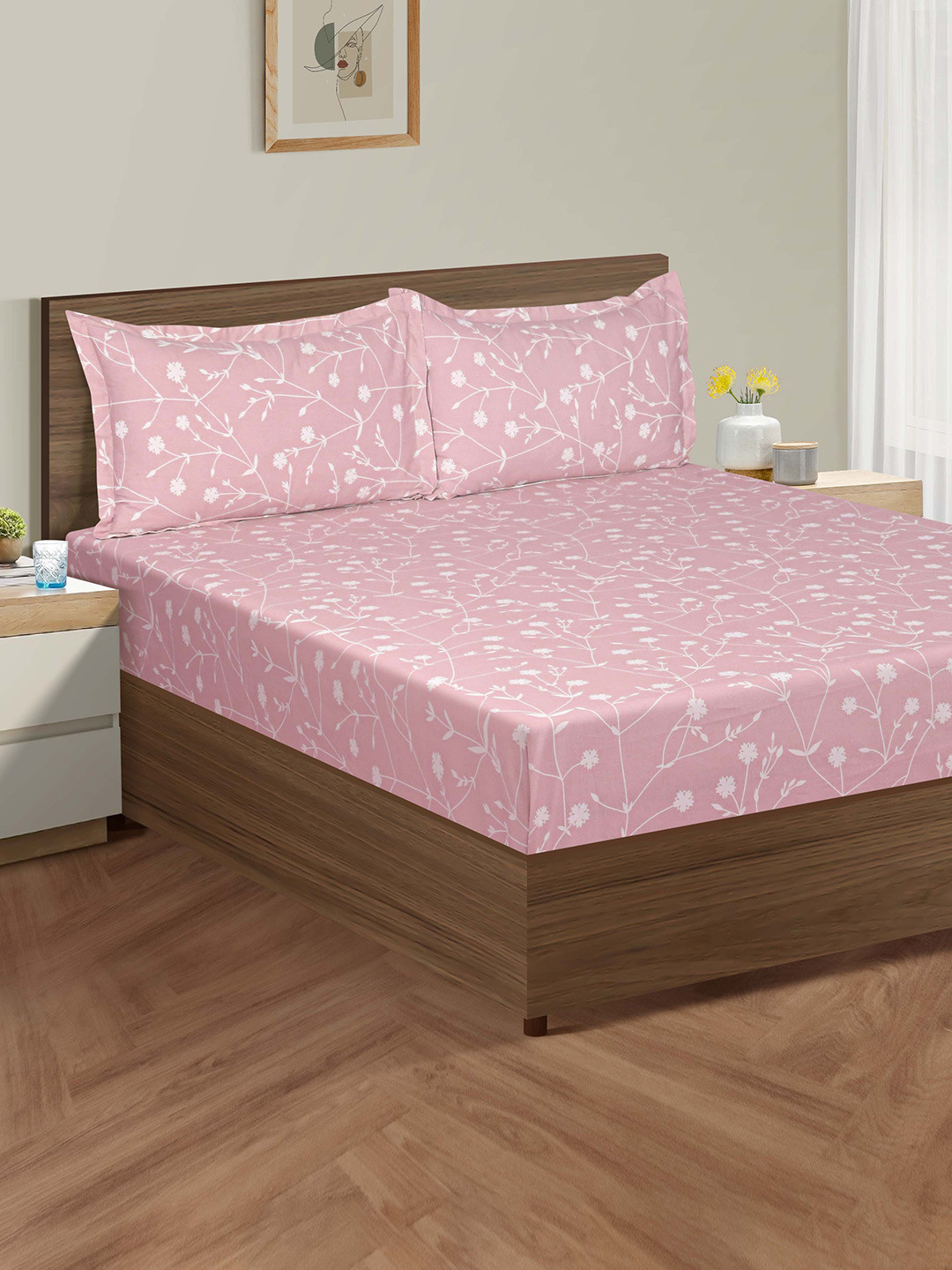 SWAYAM Ananda Pink Floral Cotton 200 TC Fitted King Fine Bedsheet with 2 Pillow Covers-108 x 108 inches