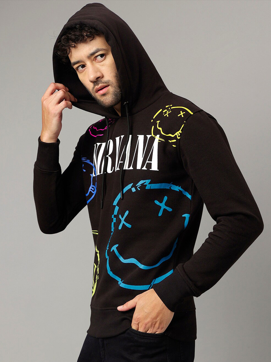 Free Authority Nirvana Printed Hooded Cotton Pullover Sweatshirt