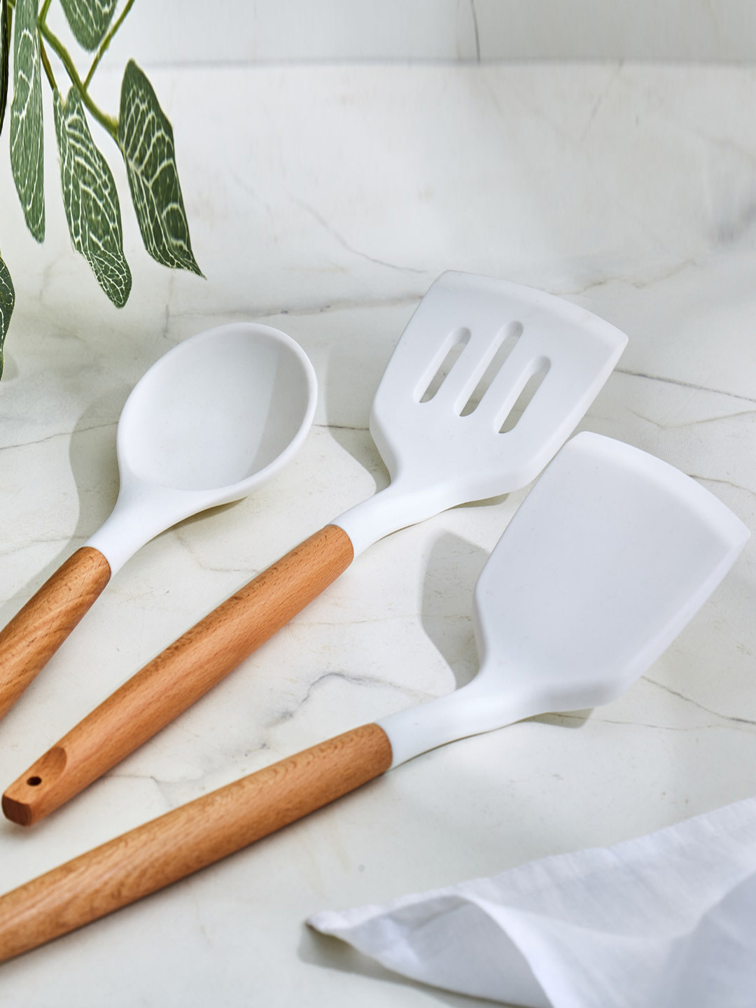 Home Centre White Marshmallow Aruba Silicone Slotted Turner with Wooden Handle