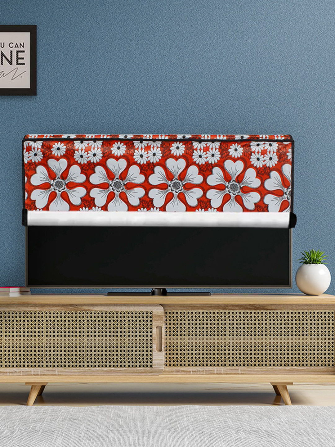 DREAM CARE Red & White Floral Printed PVC Waterproof Flap LED TV Cover - 55 Inch