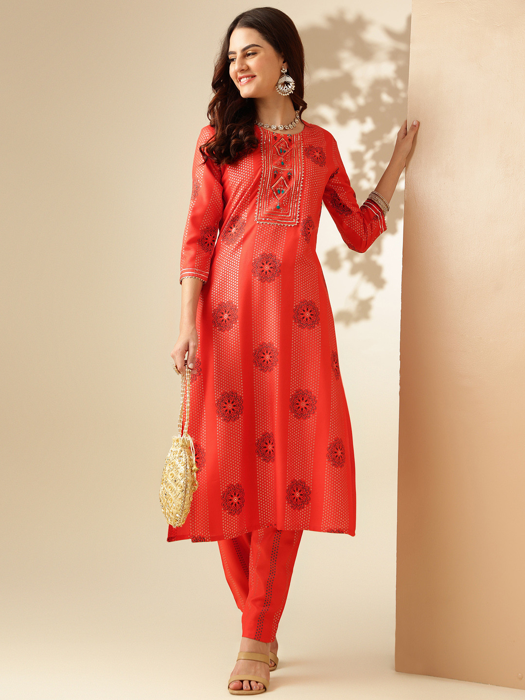 Anouk Orange Floral Printed Regular Straight Kurta with Trousers