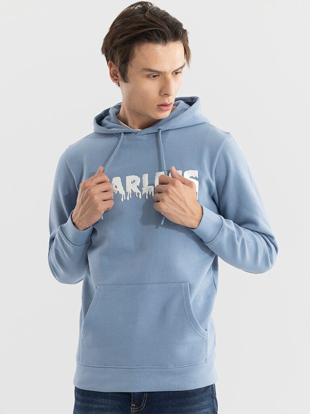 Snitch Blue Typography Printed Hooded Cotton Pullover Sweatshirt