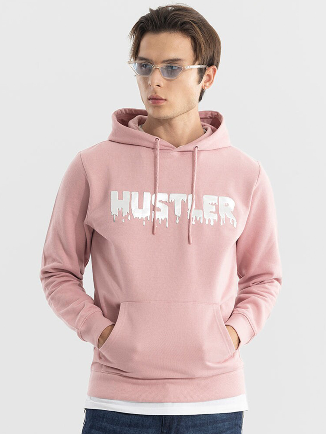 Snitch Pink Typography Printed Hooded Cotton Pullover Sweatshirt