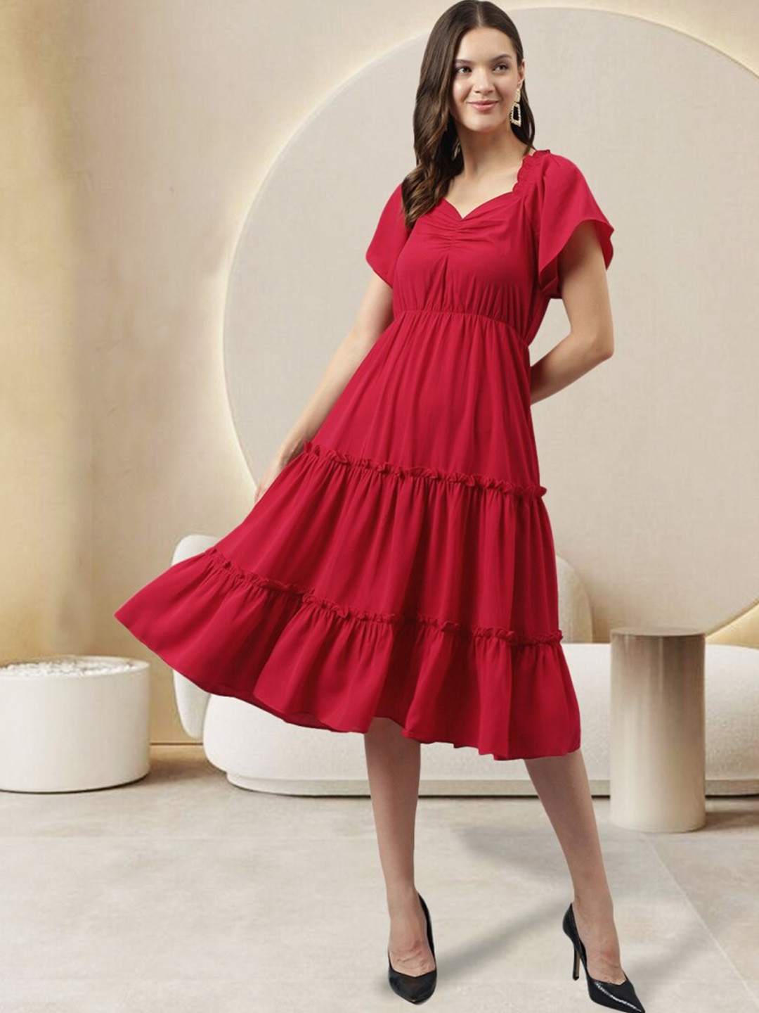KERI PERRY Sweetheart Neck Gathered Or Pleated Detail Tiered Fit And Flare Midi Dress