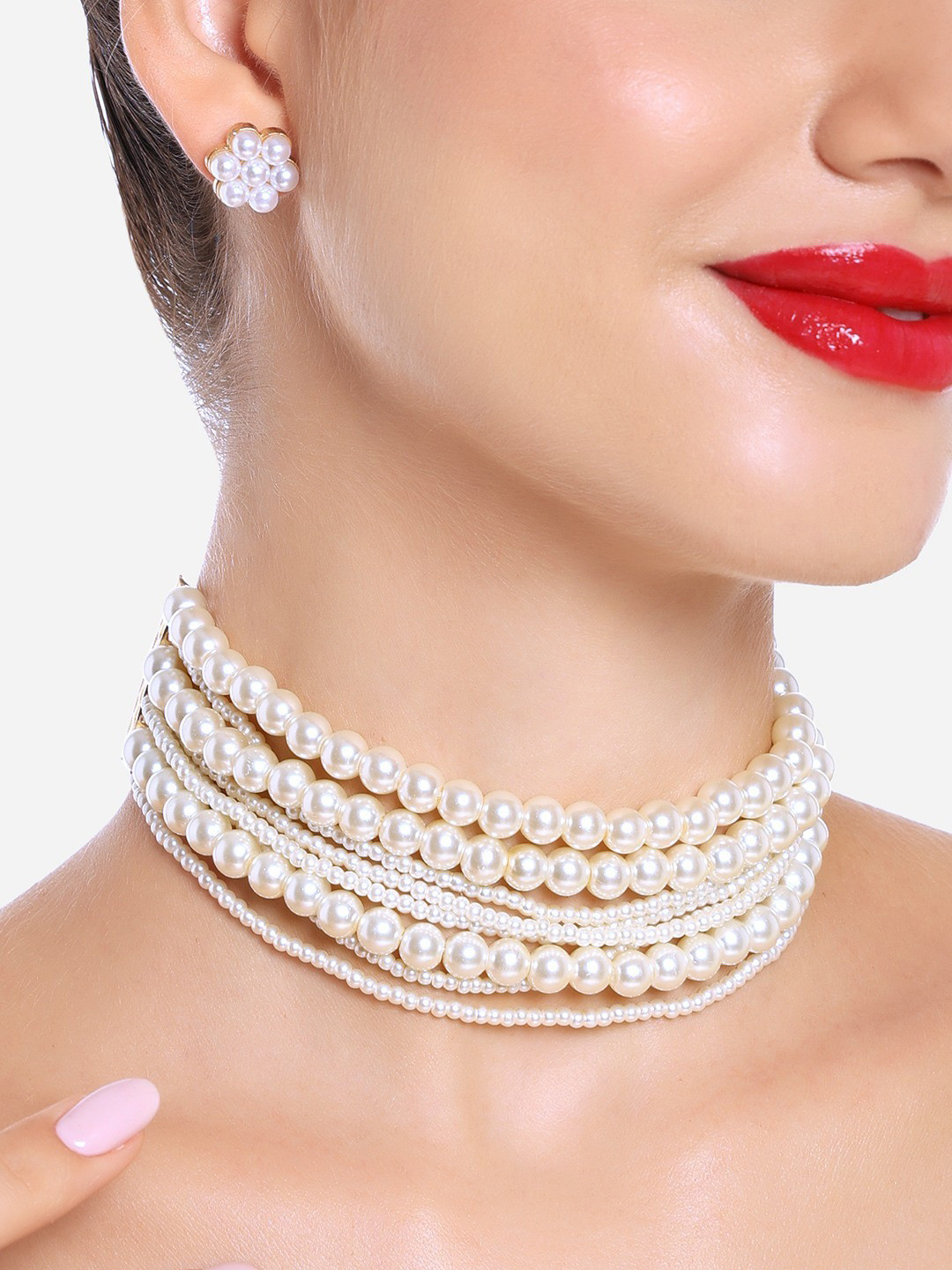 Zaveri Pearls Gold-Plated Faux Pearls Studded Choker Necklace & Earrings