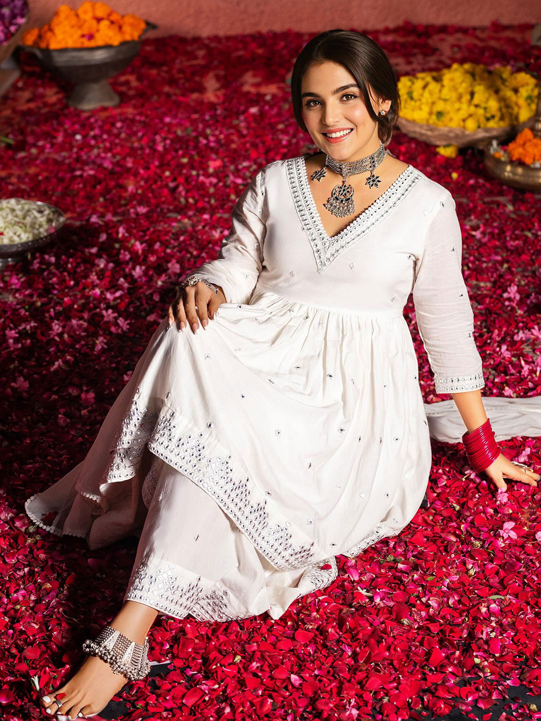 Ishin Ethnic Motifs Embroidered A-Line Mirror Work Pure Cotton Kurta Set With Dupatta