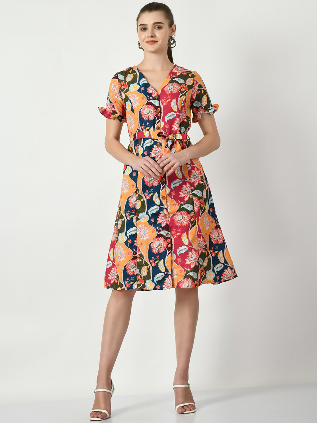 Myshka Multicoloured Floral Printed Linen A-Line Dress