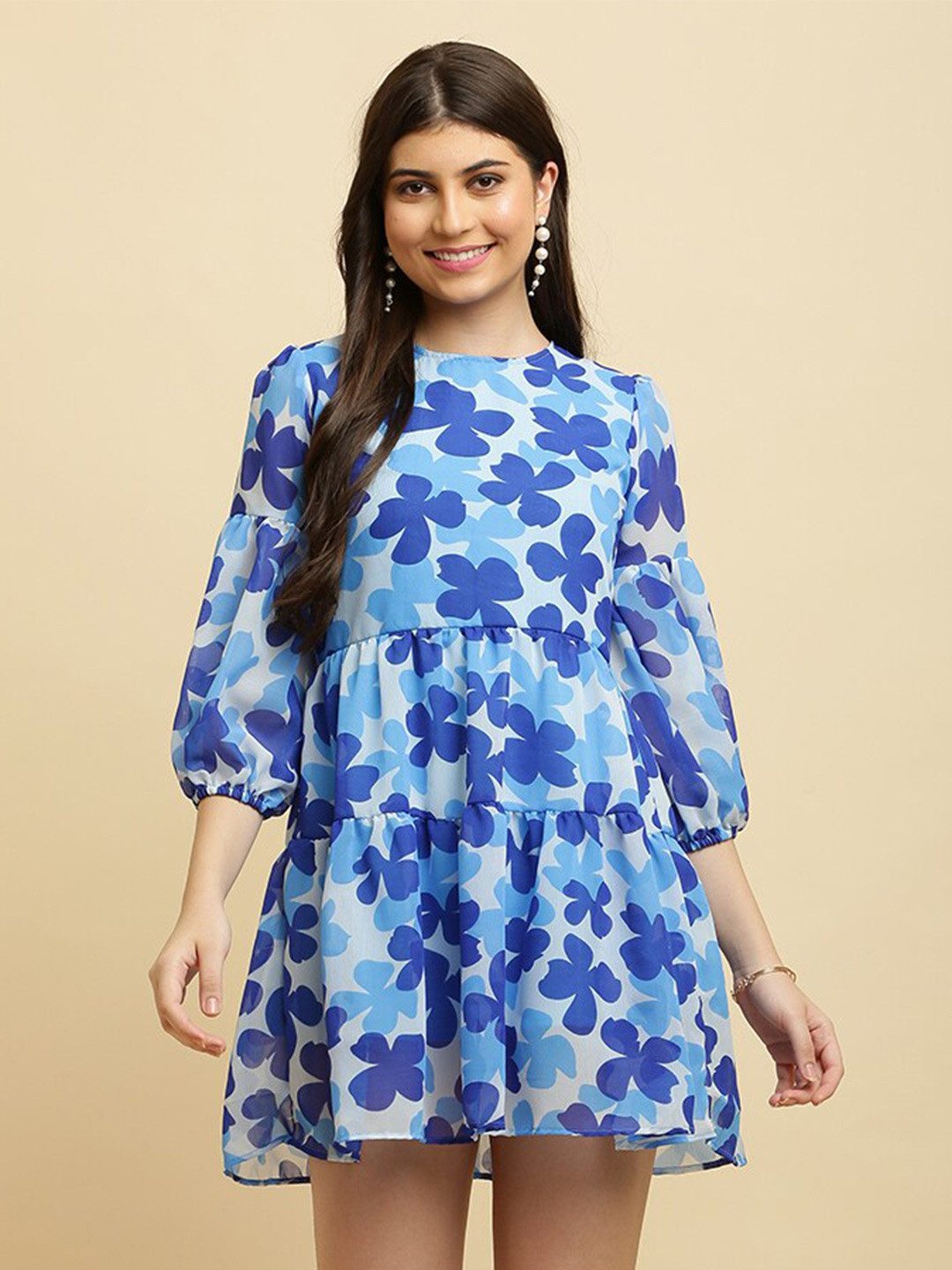 HERE&NOW Blue Floral Printed Puff Sleeves Georgette A-Line Dress