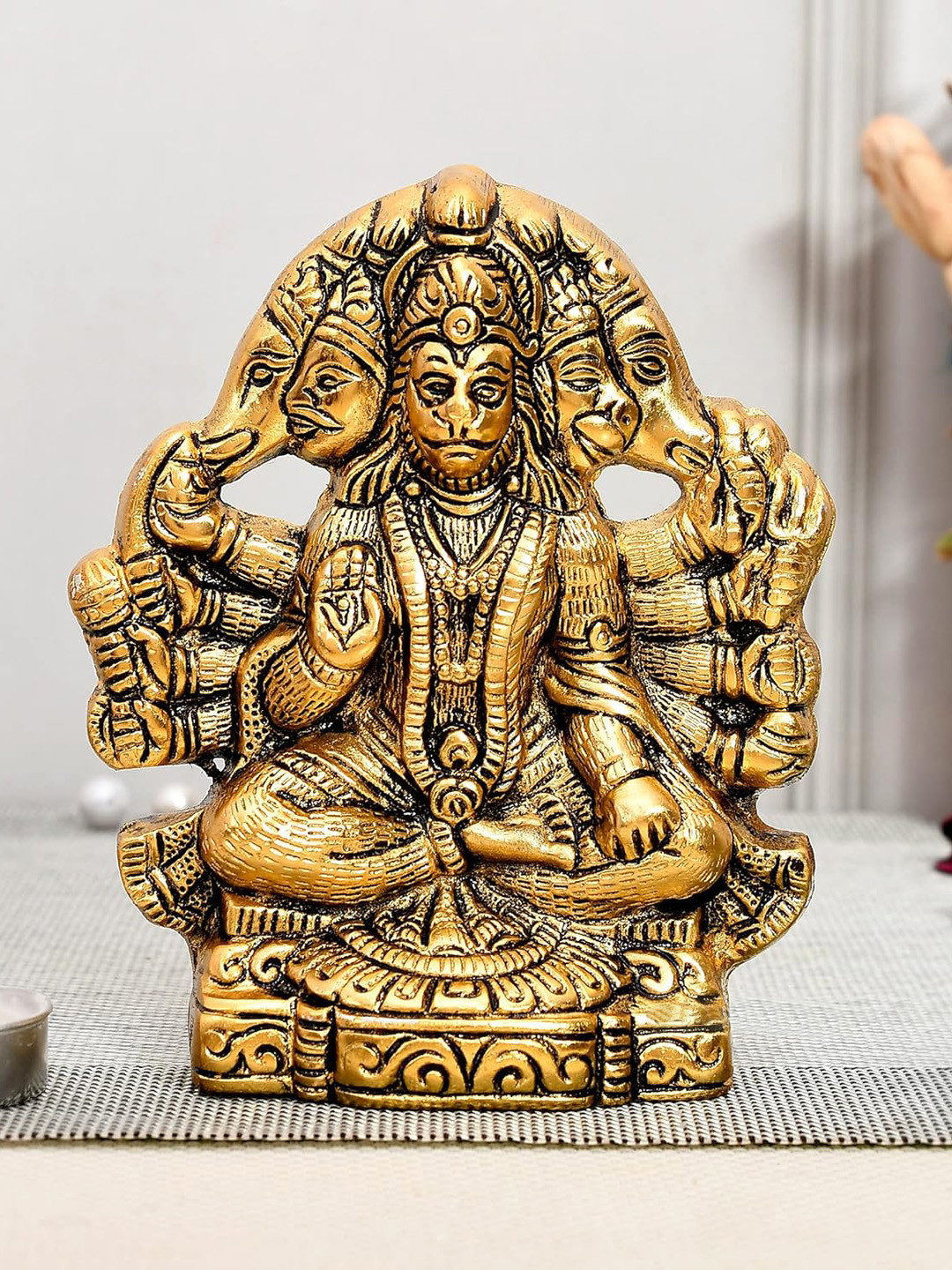 Ascension Panchmukhi Hanuman Gold Metal Metallic Prayer Room Small Showpiece - 0.8 Inches