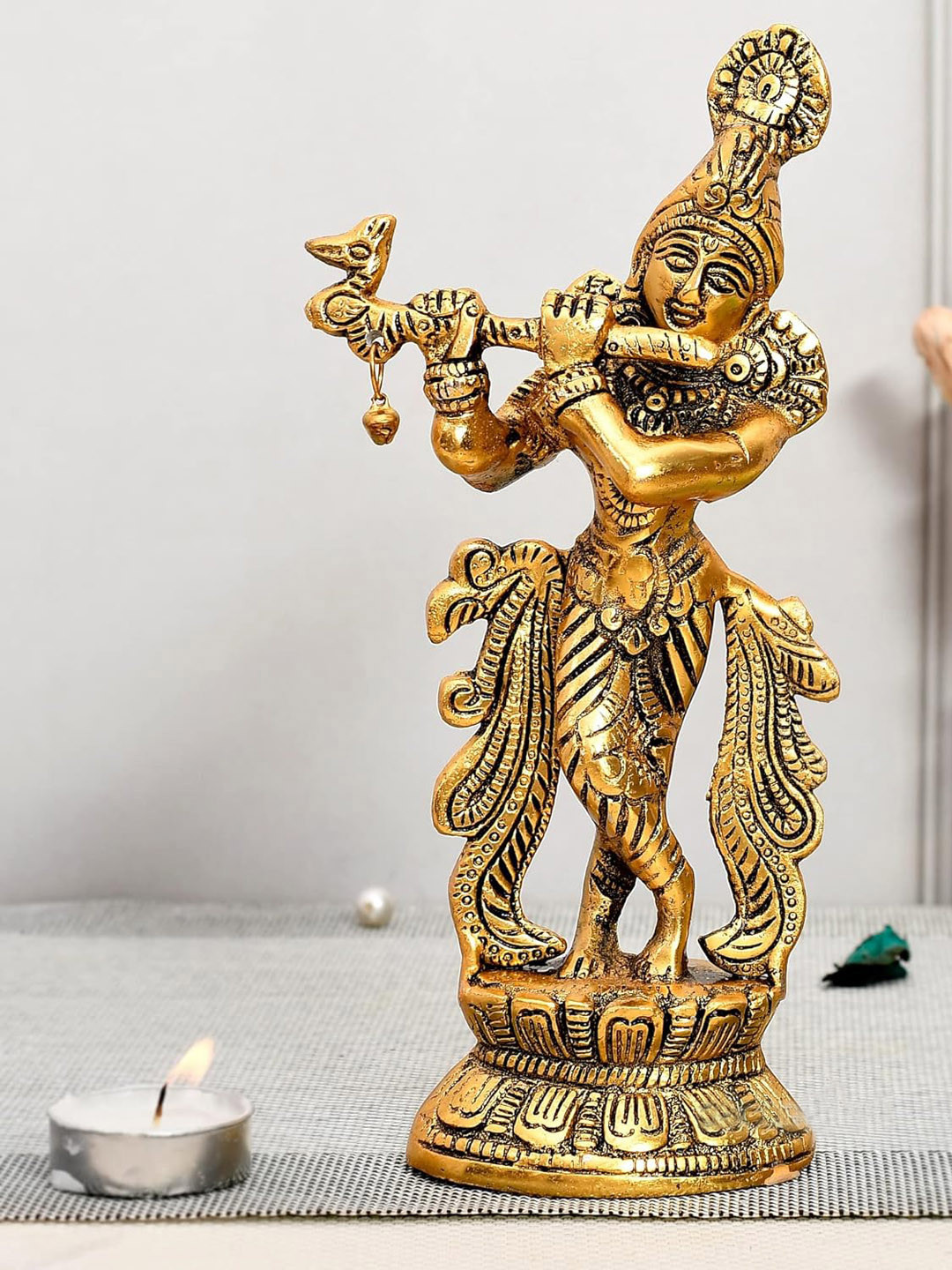 Ascension Krishna Murti Flute Playing Gold Metal Metallic Prayer Room Small Showpiece - 2.2 Inches